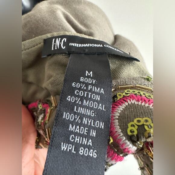 Vintage 2000s Sequin Slip Dress | Boho Y2K Glam Olive Green Pink Floral Size M - Picture 5 of 6